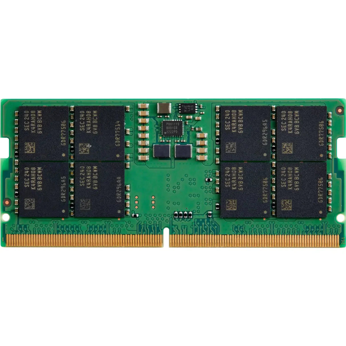 Laptop DDR4 RAM module with green PCB and black memory chips