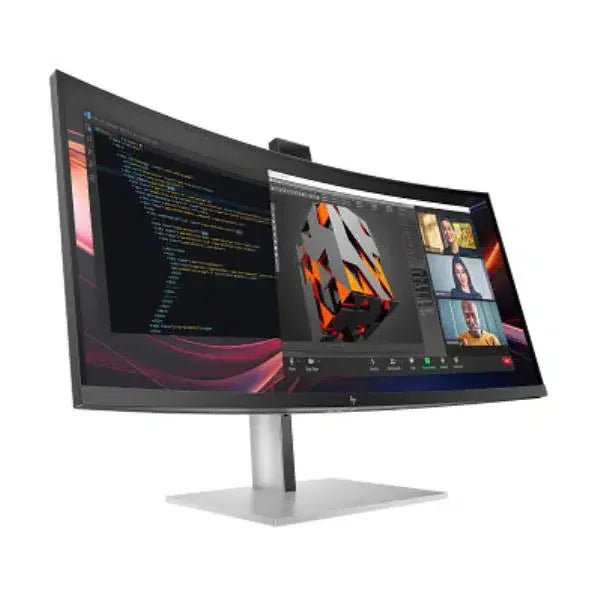 Curved ultrawide computer monitor on a stand displaying multitasking windows