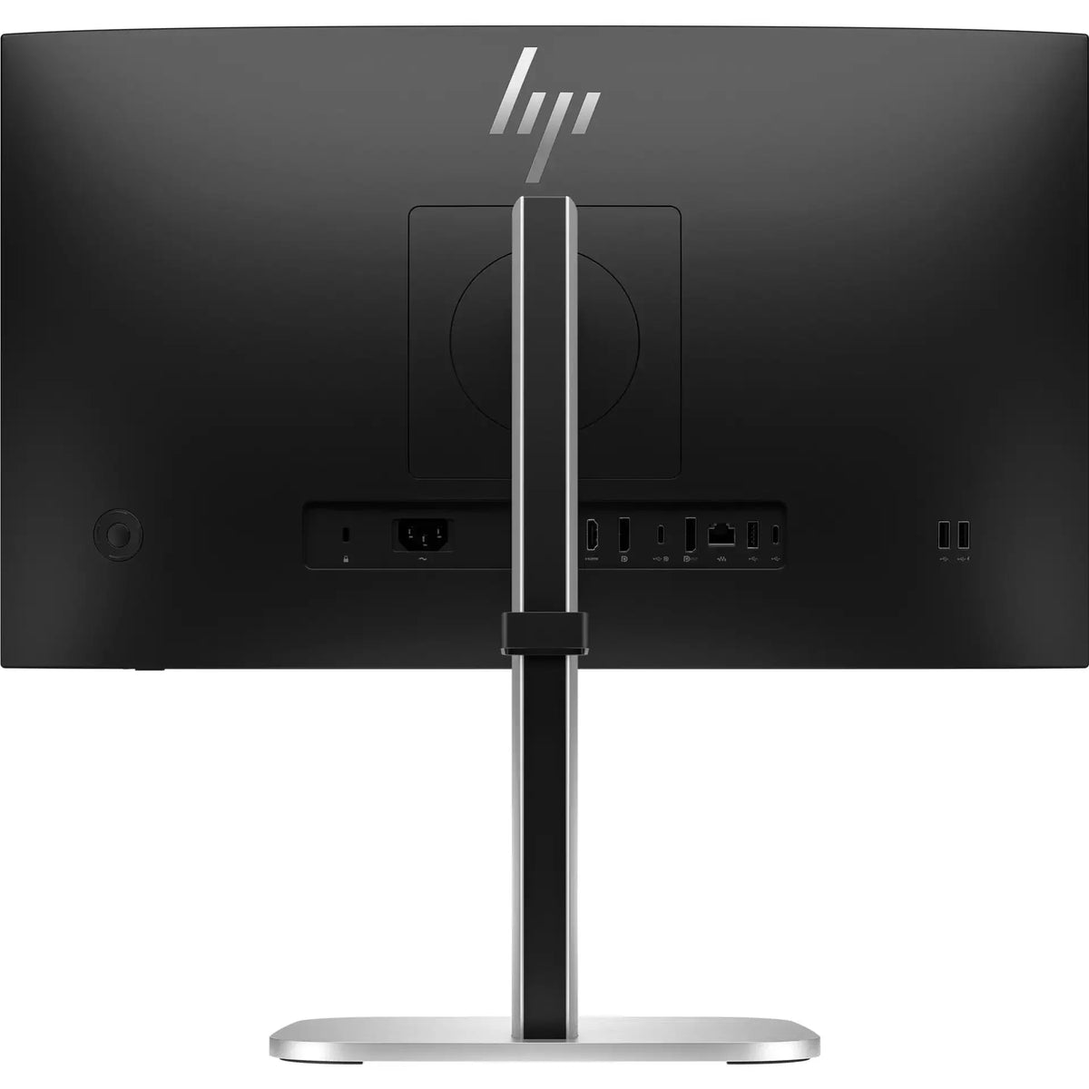 Back view of a black HP computer monitor on a silver stand showing multiple ports