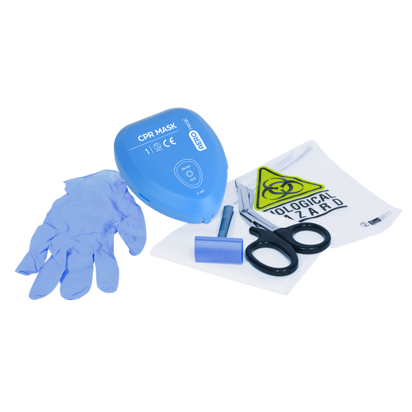 First aid kit contents with CPR mask, gloves, medical scissors, biohazard bag, and razor