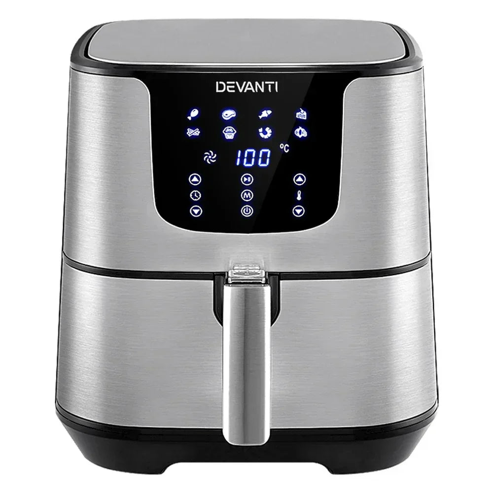 Stainless steel digital air fryer with touch control panel and LED display