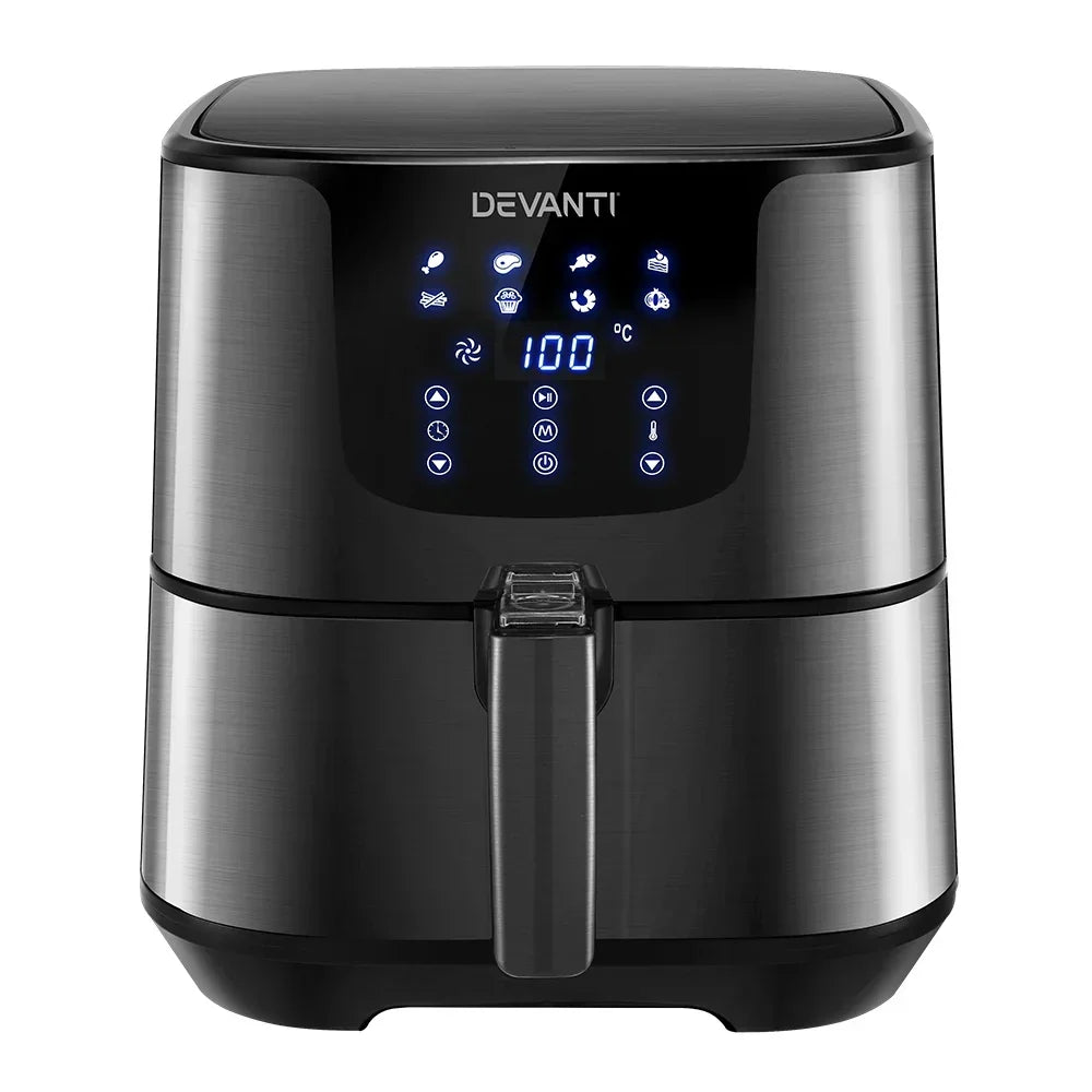 Stainless steel digital air fryer with touchscreen LED display and cooking presets