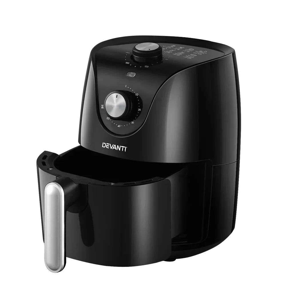 Black Devanti air fryer with control knobs and open basket on white background