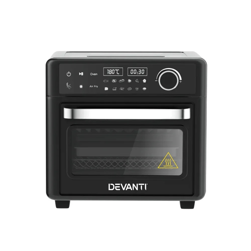 Black digital air fryer oven with LED display and control panel, Devanti logo on front