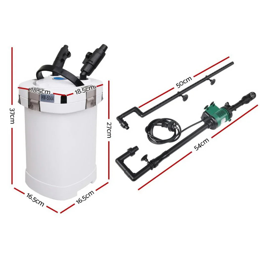 Aquarium canister filter with pump and tubing, showing measured dimensions in centimeters.