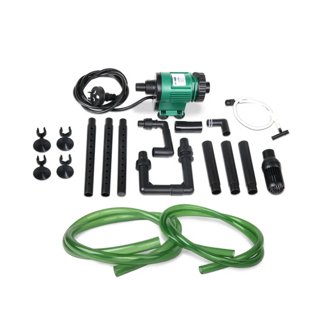 Aquarium water pump kit with green hoses, filter tubes, black connectors, and suction cups