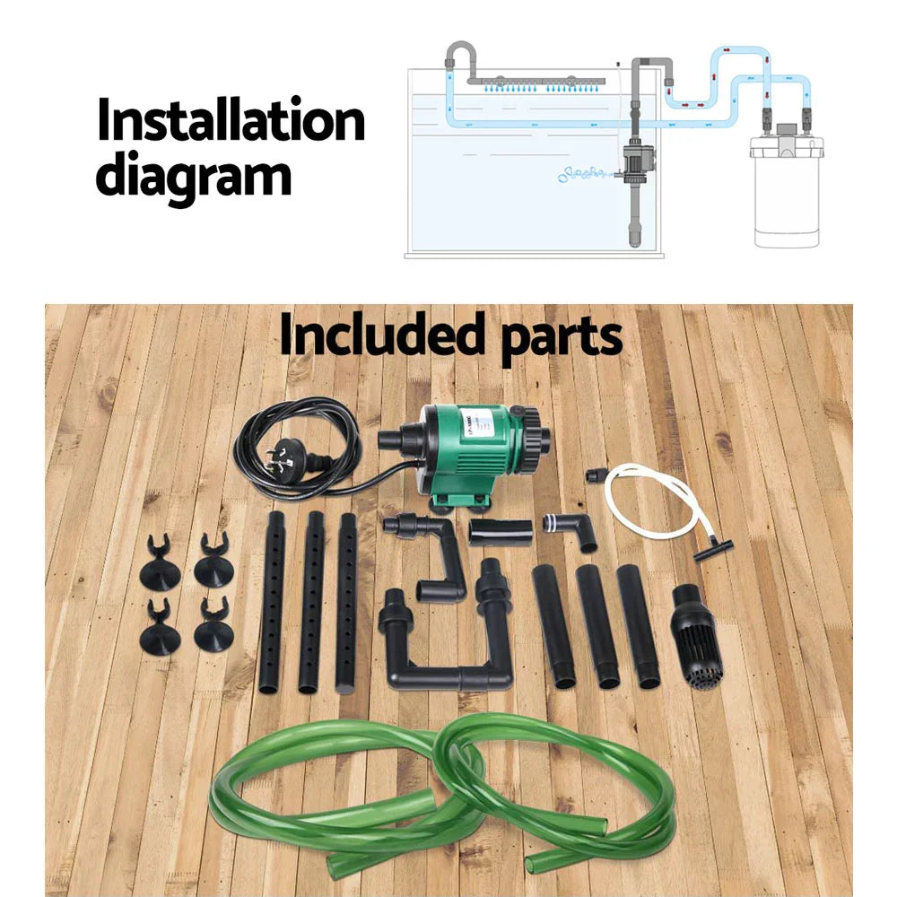 Aquarium water filter pump kit with green hoses, pipes, suction cups, and installation diagram.
