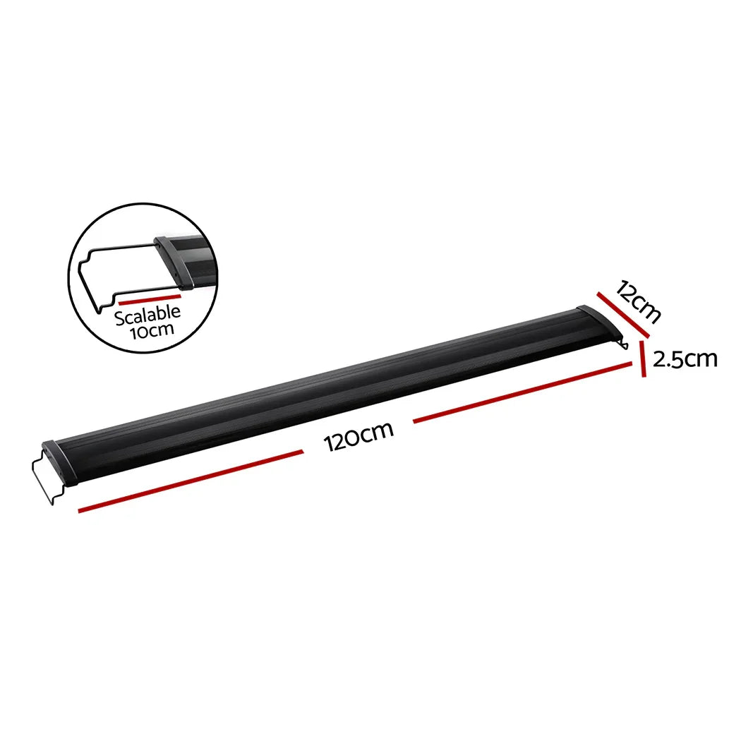 Black aquarium LED light bar, 120cm length, adjustable by 10cm, with labeled measurements.