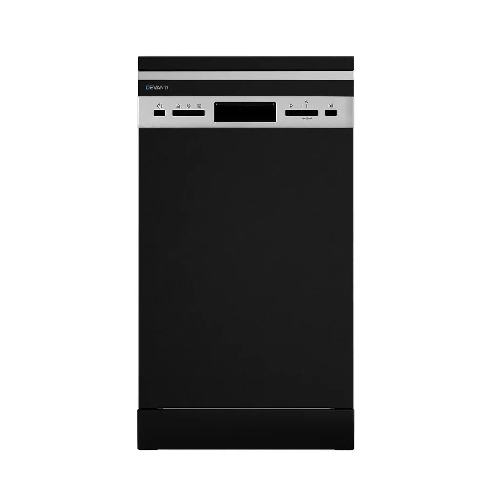 Black freestanding dishwasher with stainless steel control panel and digital display