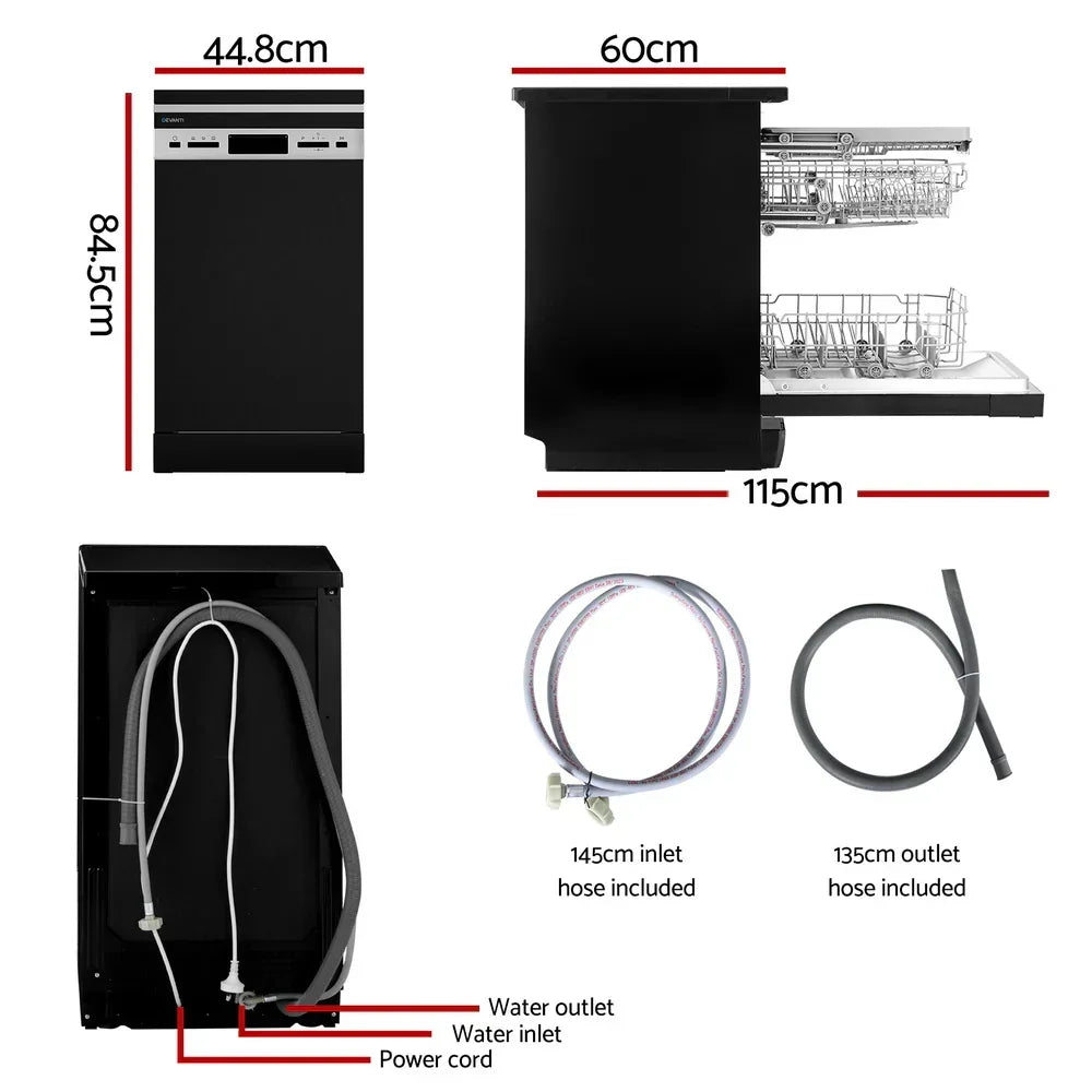 Black freestanding dishwasher with dimensions, open rack view, hoses and installation parts shown.