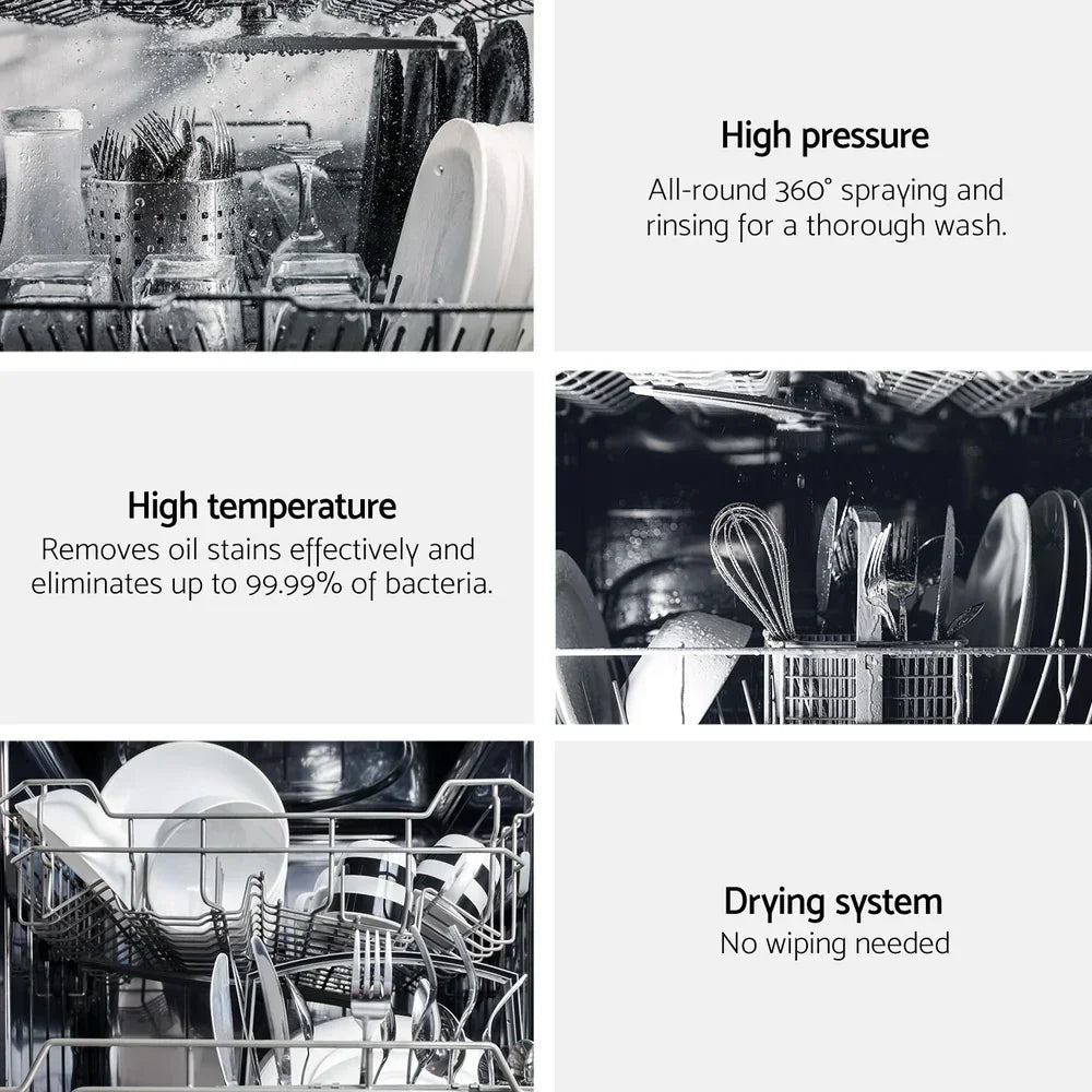 Open dishwasher with clean dishes showing high pressure wash, high temperature, and drying system features.
