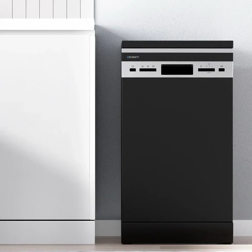 Black slimline freestanding dishwasher with control panel in modern kitchen setting