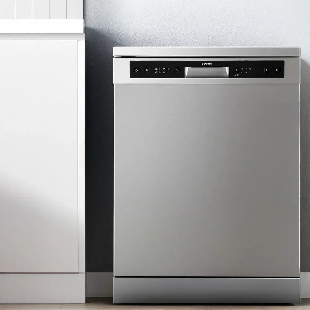 Stainless steel freestanding dishwasher with digital control panel in modern kitchen