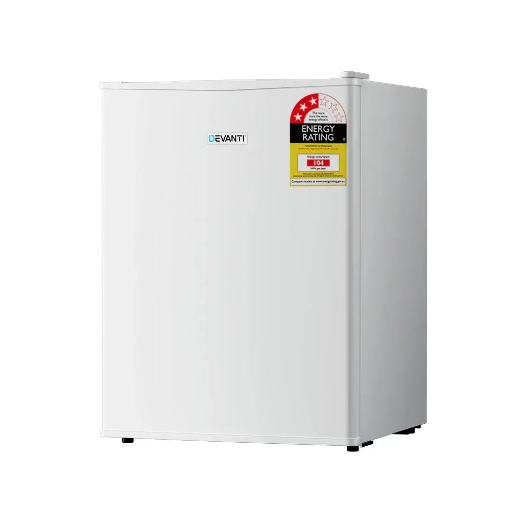 White compact bar fridge with energy rating label, single door, minimalist design