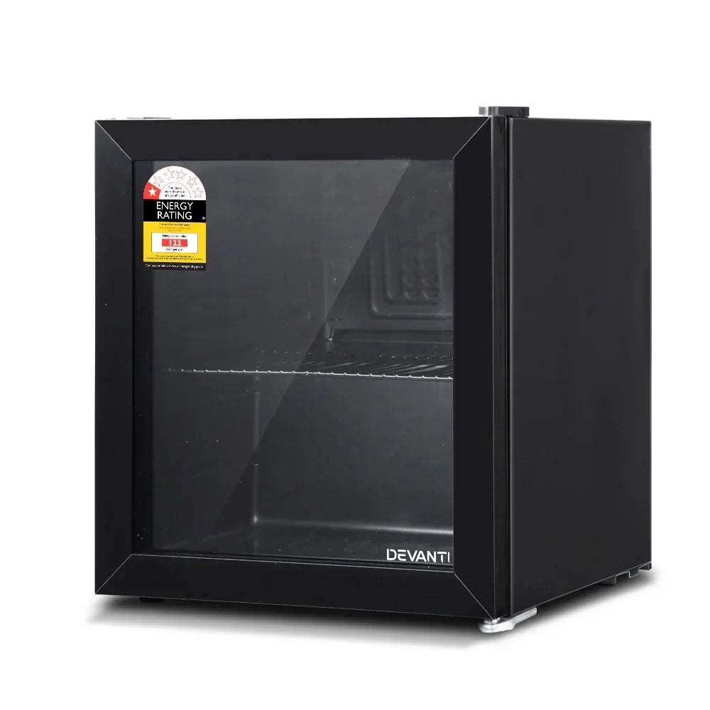Black glass door mini bar fridge with energy rating label, single shelf, compact design