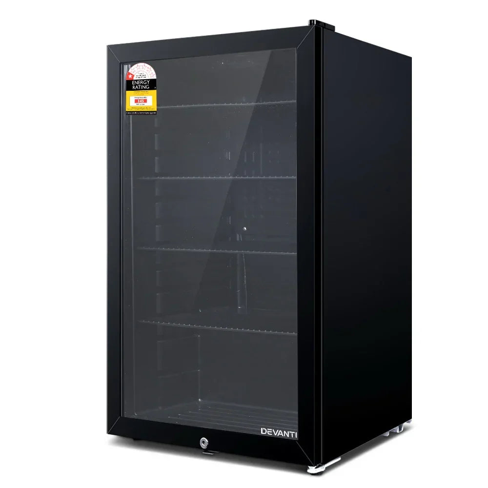 Black glass door bar fridge with shelves and energy rating sticker, standalone display