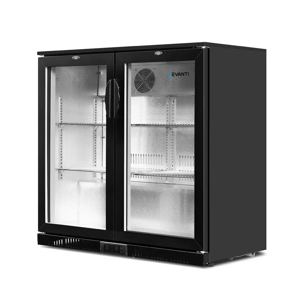 Black double glass door bar fridge with adjustable shelves and interior fan, commercial style.
