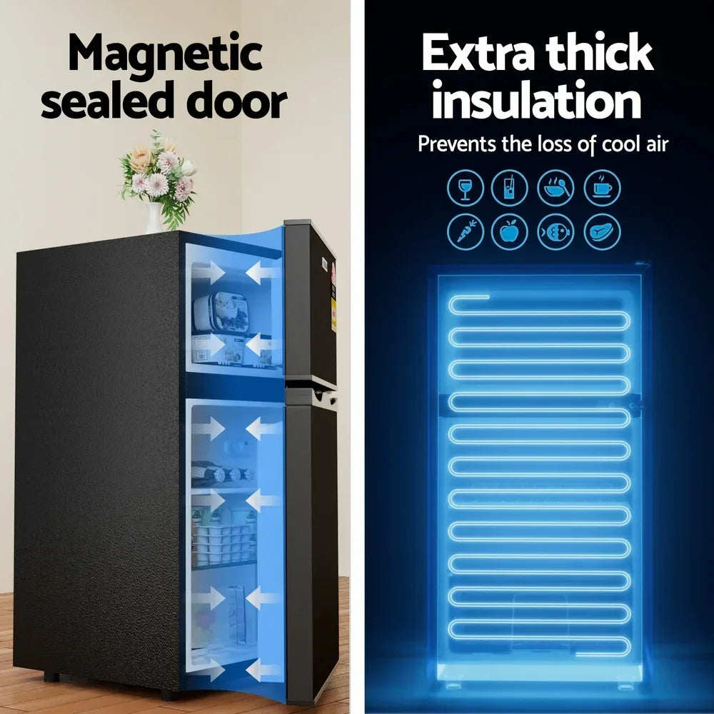 Black double-door fridge showing magnetic sealed door and extra thick insulation features