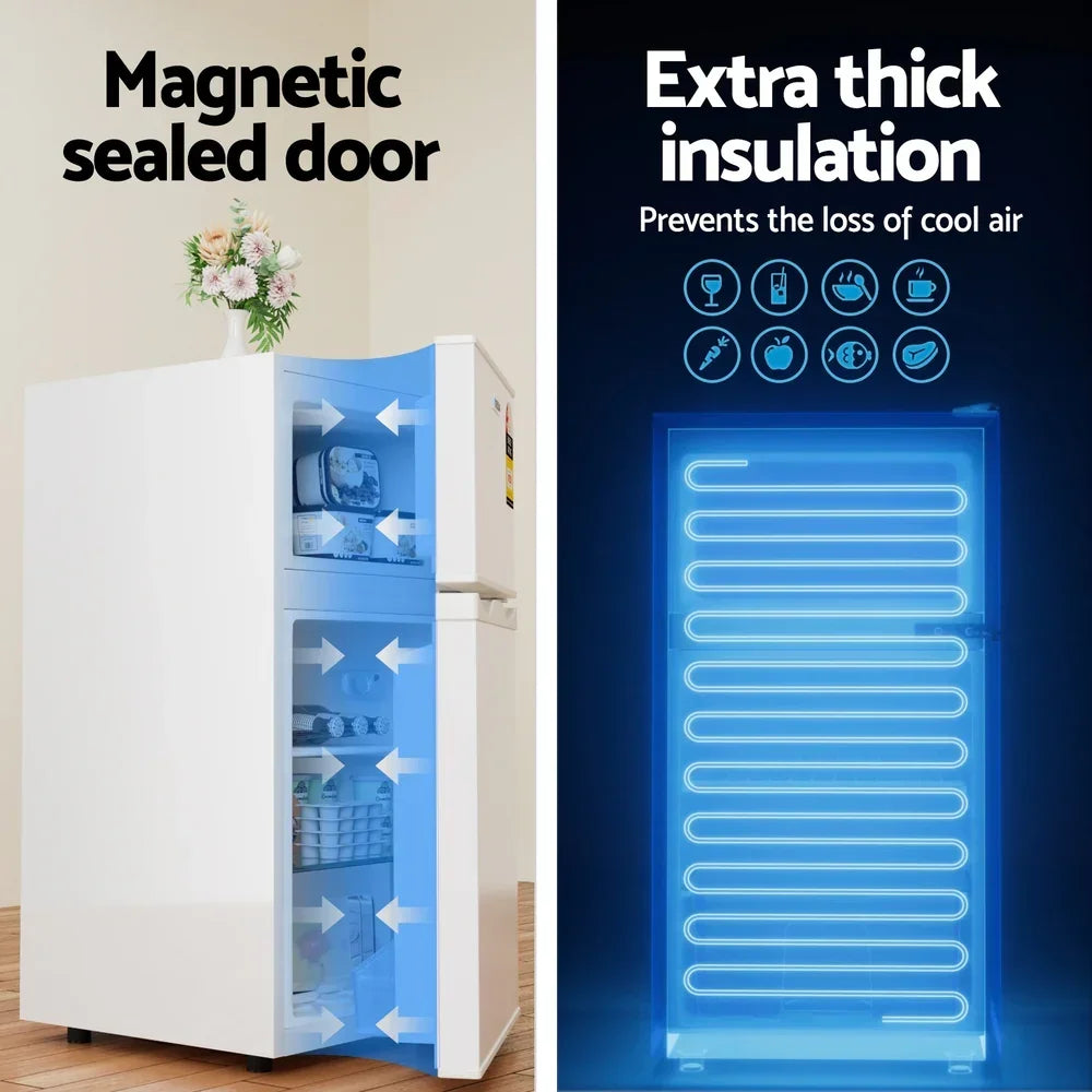 White refrigerator with magnetic sealed door and extra thick insulation features highlighted.