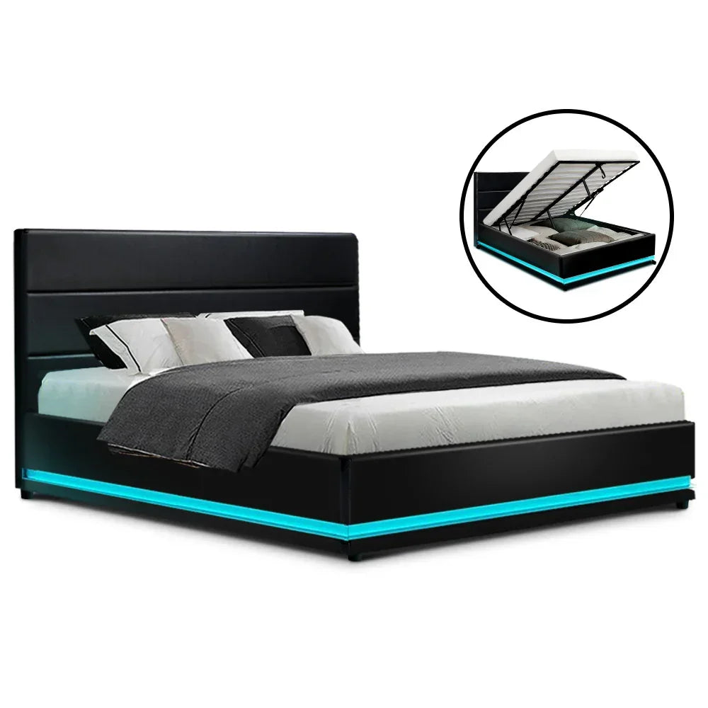 Black LED platform bed with under-bed storage, modern upholstered headboard, bedding included.