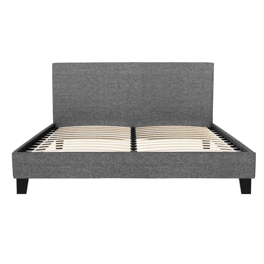 Modern queen bed frame with grey fabric upholstery and wooden slats, front view