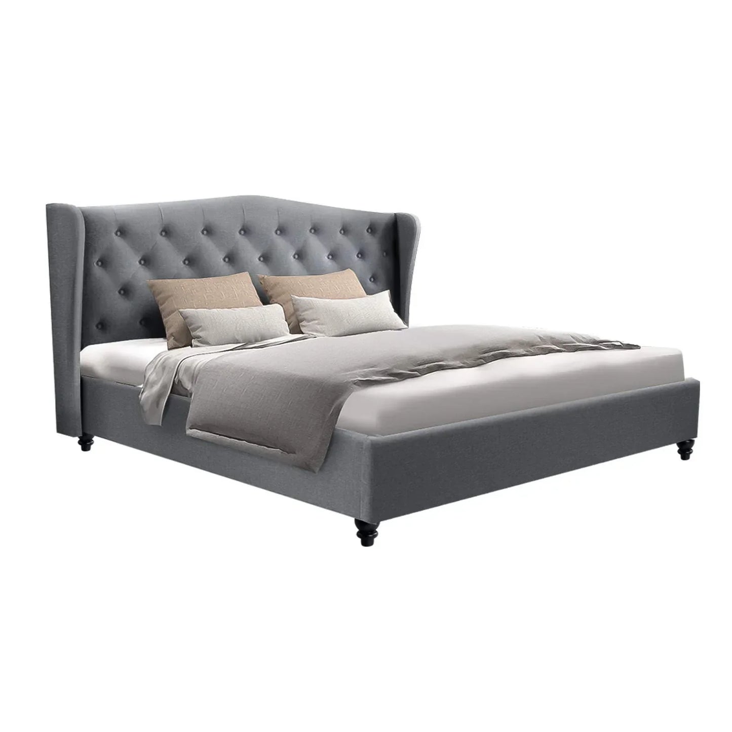 Modern grey upholstered bed frame with tufted wingback headboard and neutral bedding