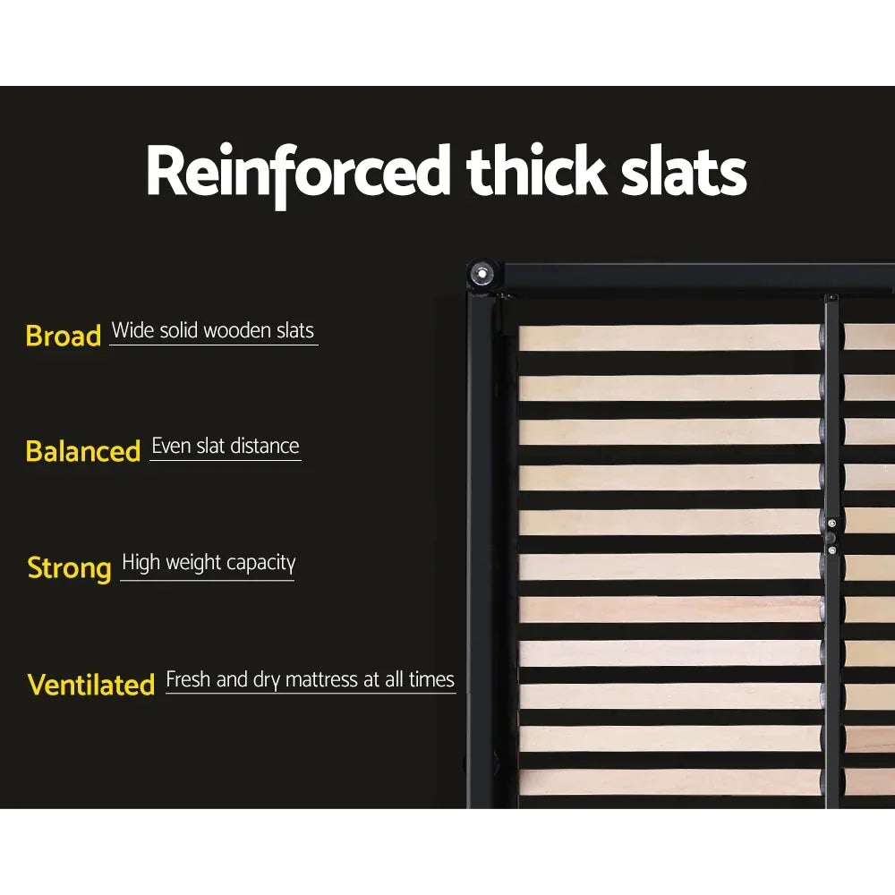 Reinforced thick wooden bed slats with even spacing and durable metal frame design.
