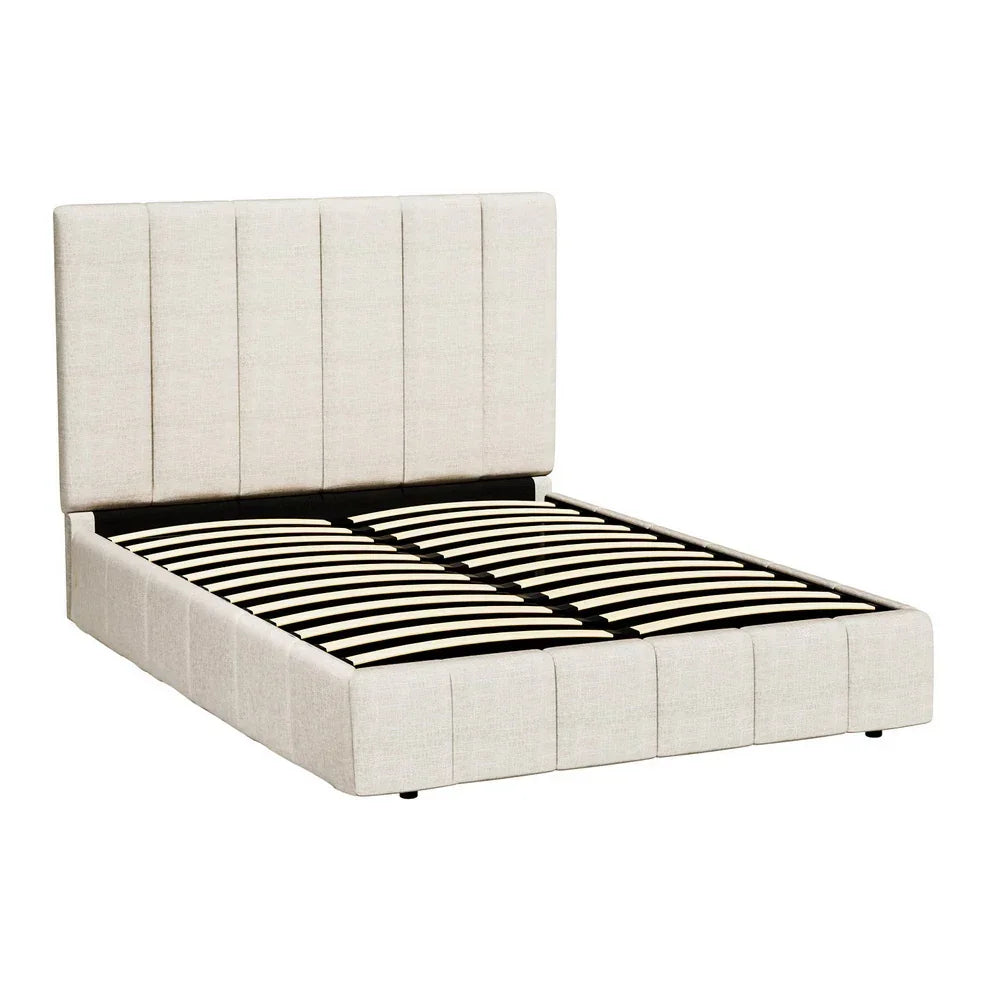 Beige upholstered queen bed frame with vertical panel headboard and wooden slats