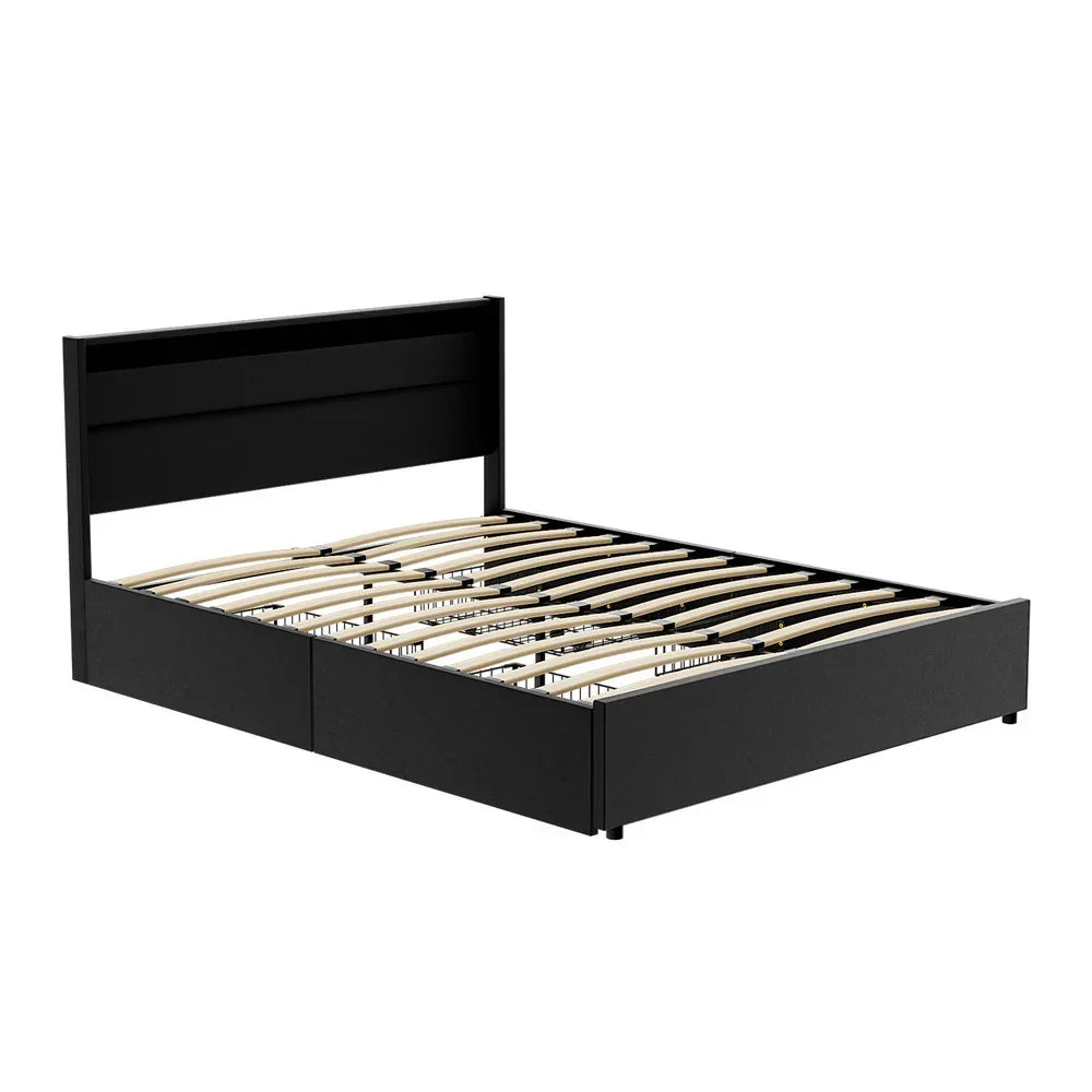 Black queen bed frame with storage drawers and wooden slats, modern minimalist design