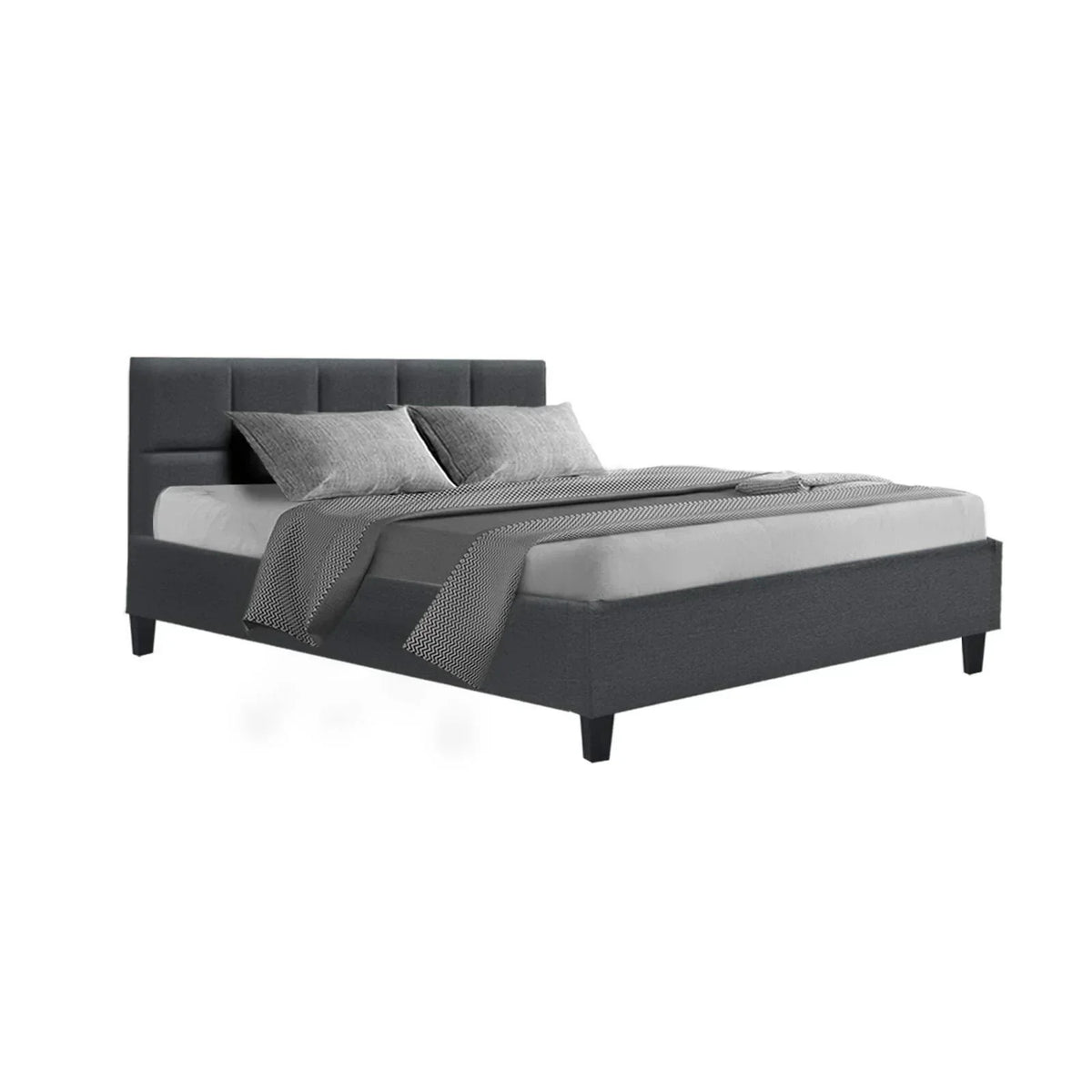Modern grey upholstered bed frame with headboard, bedding, and pillows on white background