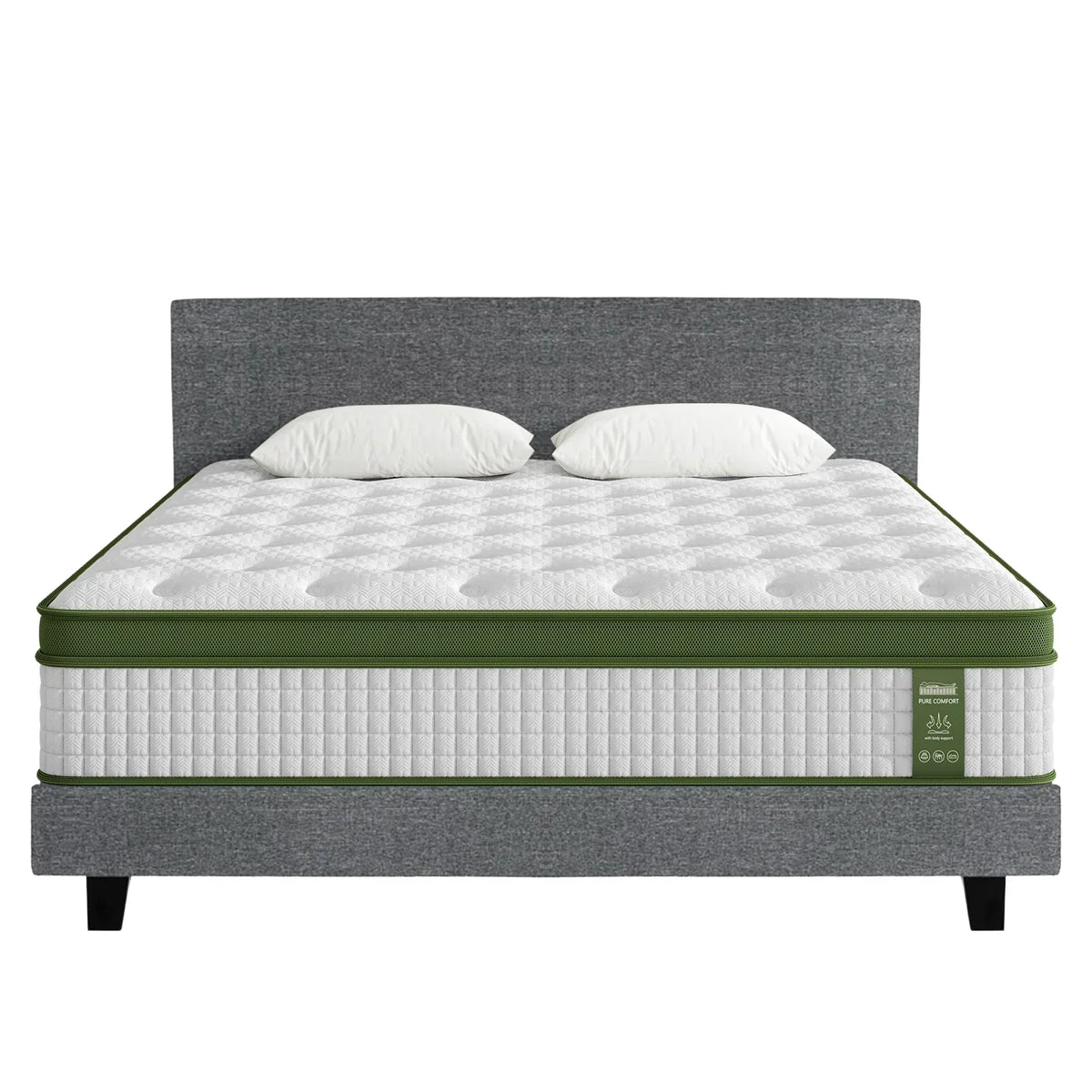 Queen size bed with grey upholstered frame and white pillow-top mattress with green trim