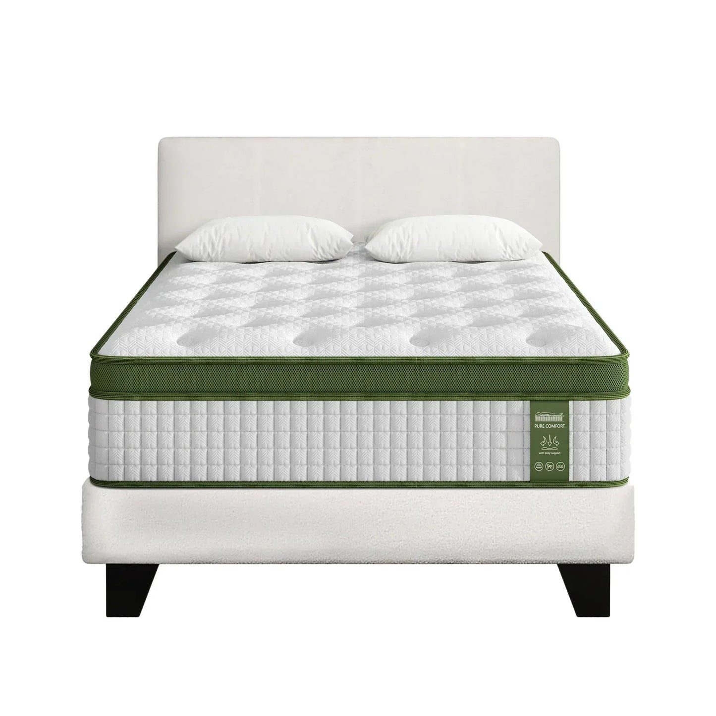 Queen size mattress with white and green design on a bed frame, two pillows on top