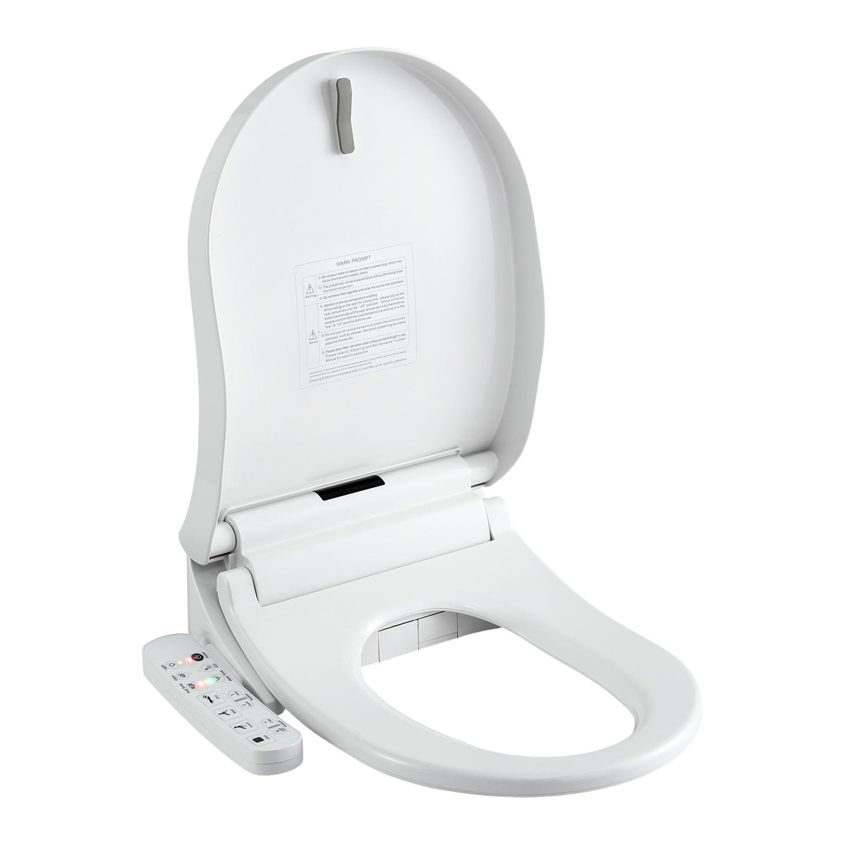 White smart toilet seat with remote control and warning label
