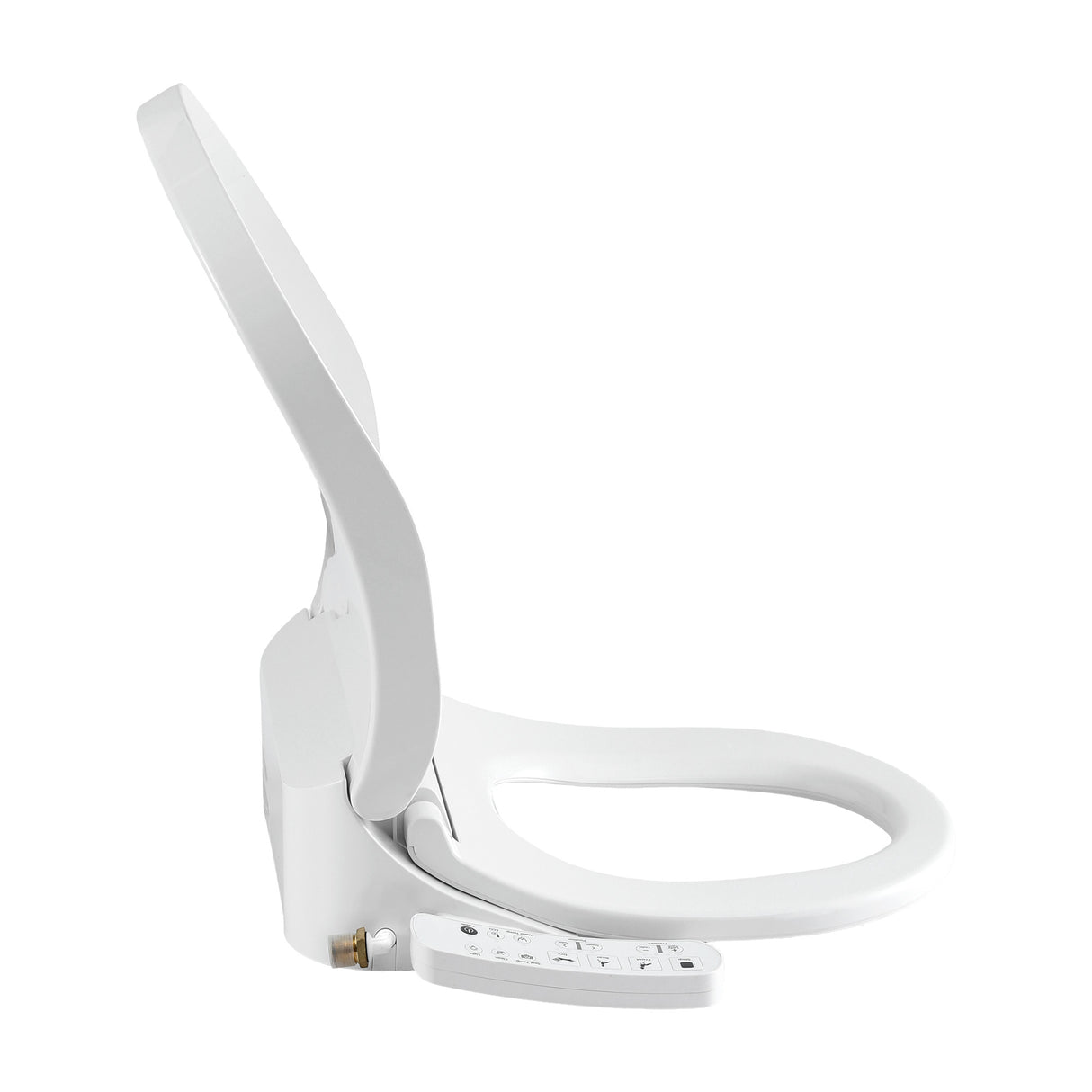 White smart toilet seat with control panel, bidet functions, and heated features for modern bathroom comfort