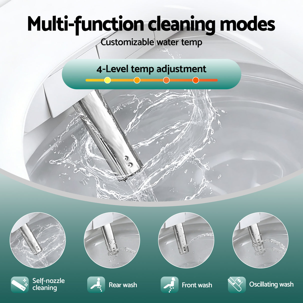 Smart bidet with multi-function cleaning modes, 4-level temp adjustment, self-nozzle cleaning, rear, front & oscillating wash