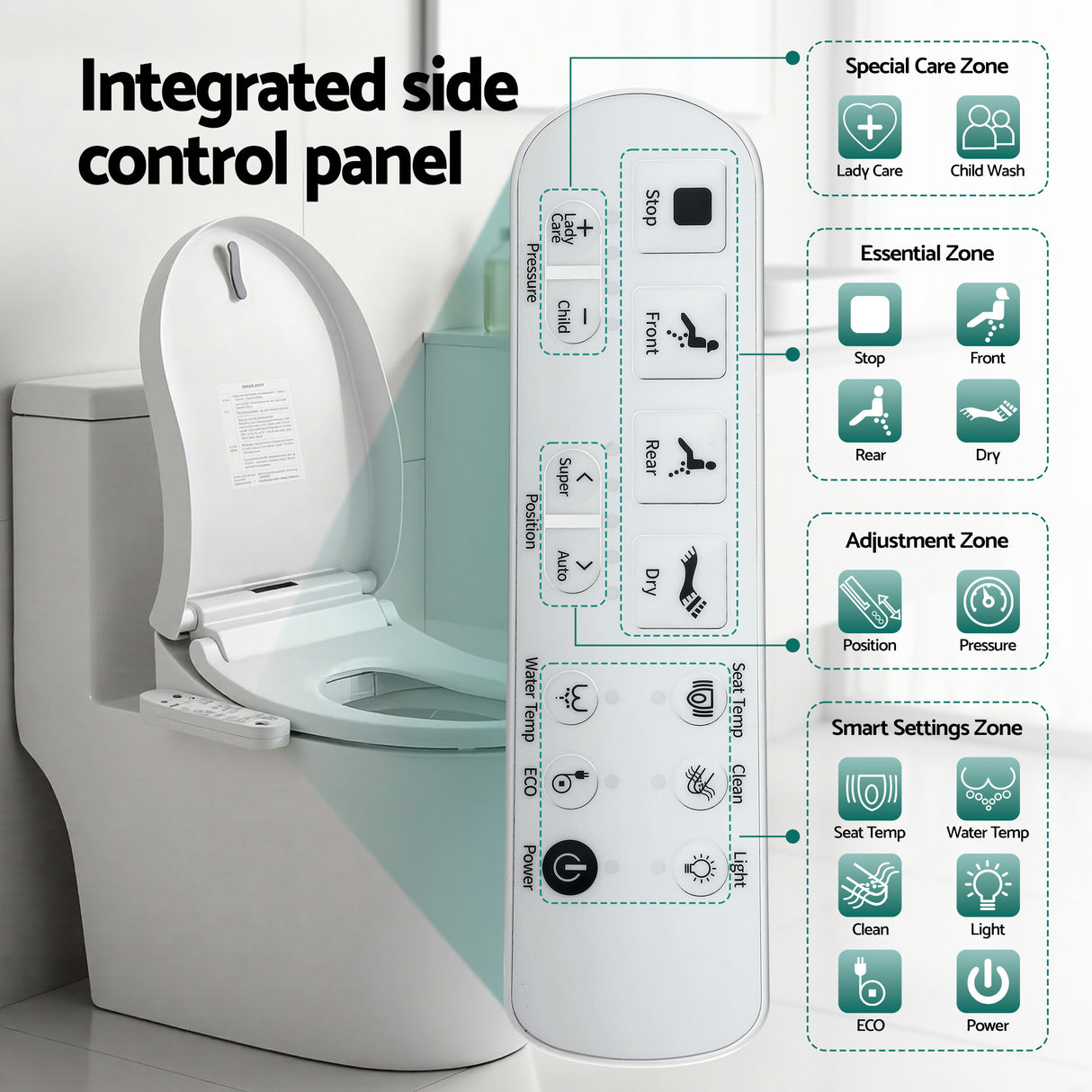 Smart bidet toilet seat with integrated side control panel for adjustable settings and comfort features