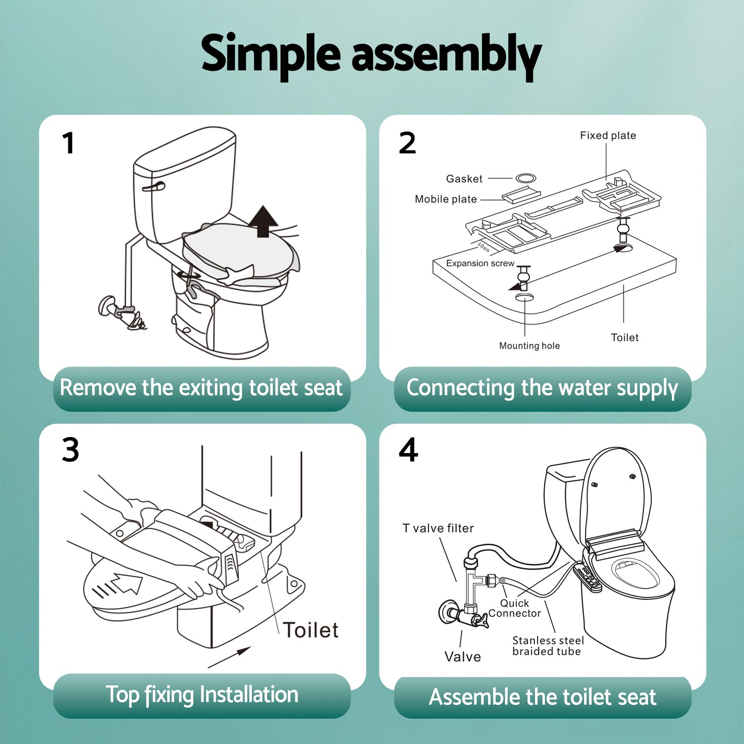 Simple toilet seat assembly guide with step-by-step instructions for easy installation