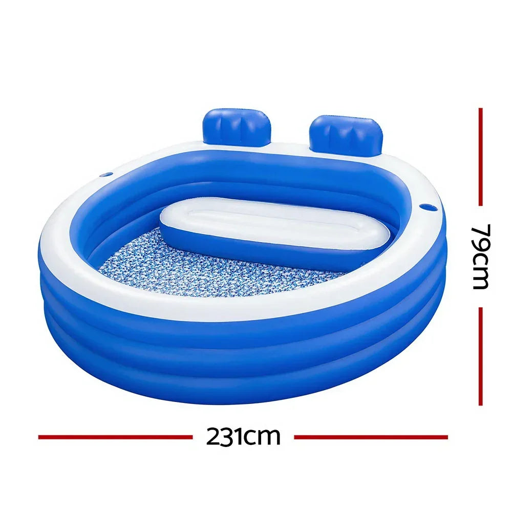Blue inflatable family pool with built-in seats and headrests, 231cm x 79cm