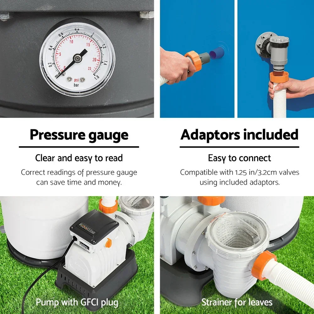 Pool pump system with pressure gauge, adaptors, GFCI plug, and leaf strainer on grass