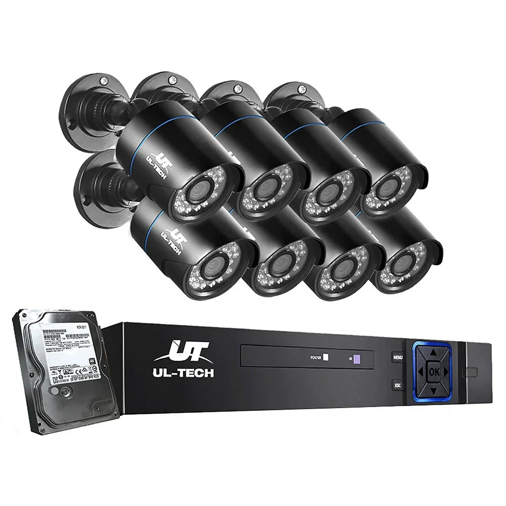 8 black outdoor security cameras with DVR recorder and hard drive, video surveillance system