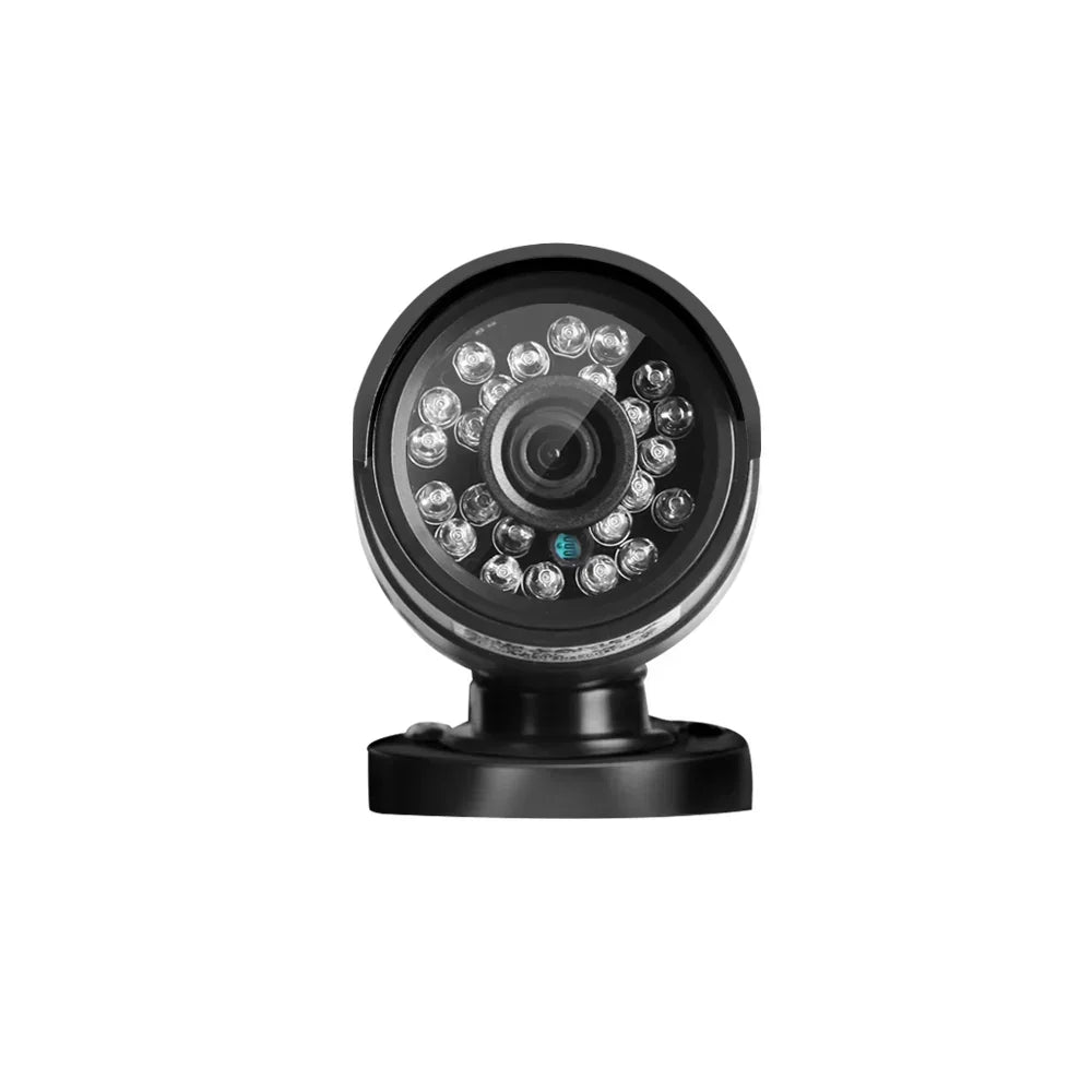 Outdoor security camera with night vision LEDs, black base, front view on white background