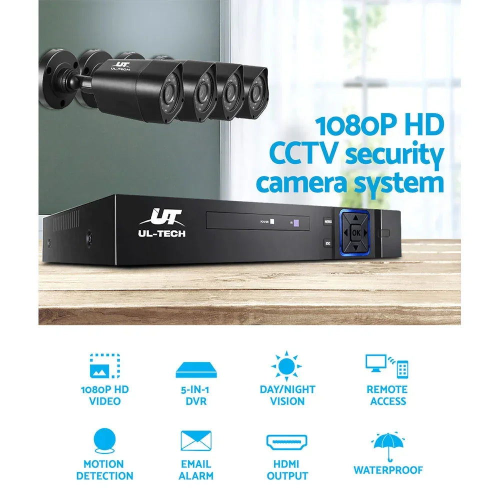 1080p HD CCTV security camera system with four cameras and DVR, featuring night vision and motion detection.