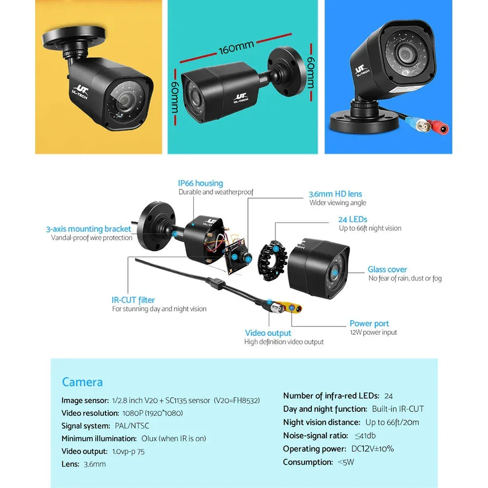 Bullet CCTV security camera with night vision, 3.6mm HD lens, IP66 weatherproof housing, and 24 IR LEDs.