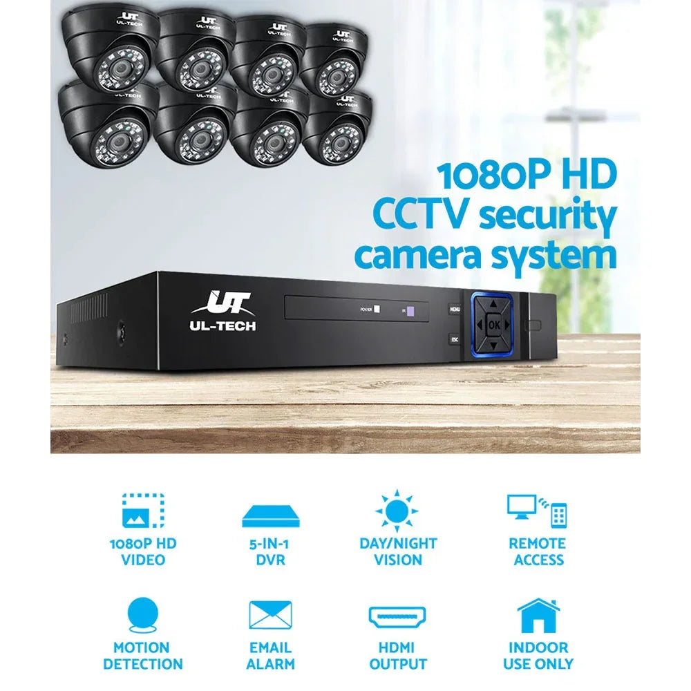 8-camera 1080P HD CCTV security system with DVR, motion detection, and night vision