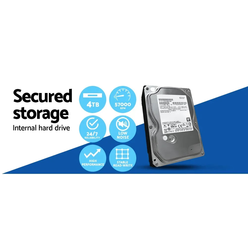 4TB internal hard drive with secured storage, high performance, 57000 RPM, low noise features.