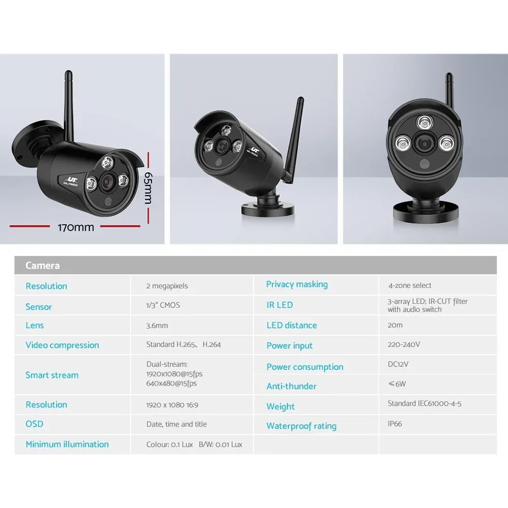 Wireless security camera with three IR LEDs, antenna, and technical specifications table.