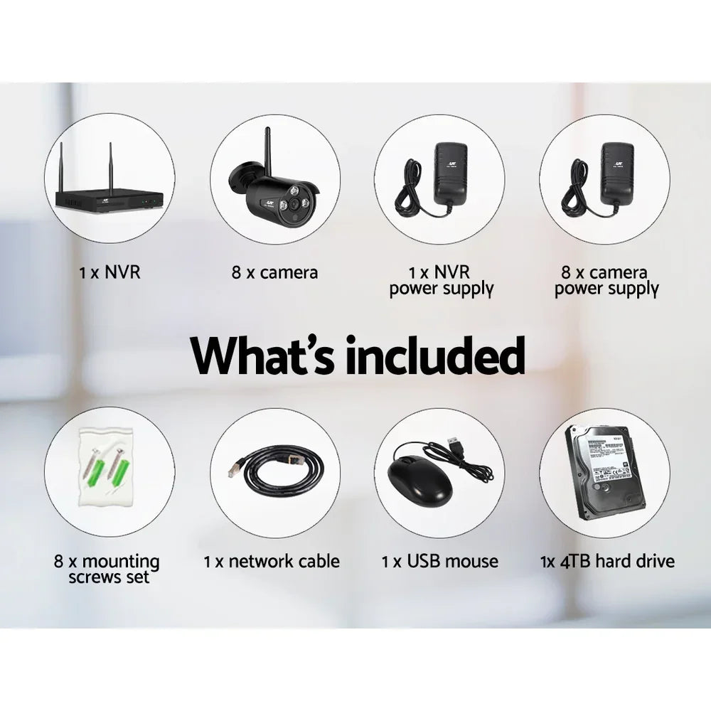 CCTV security system kit with 8 cameras, NVR, power supplies, hard drive, accessories.