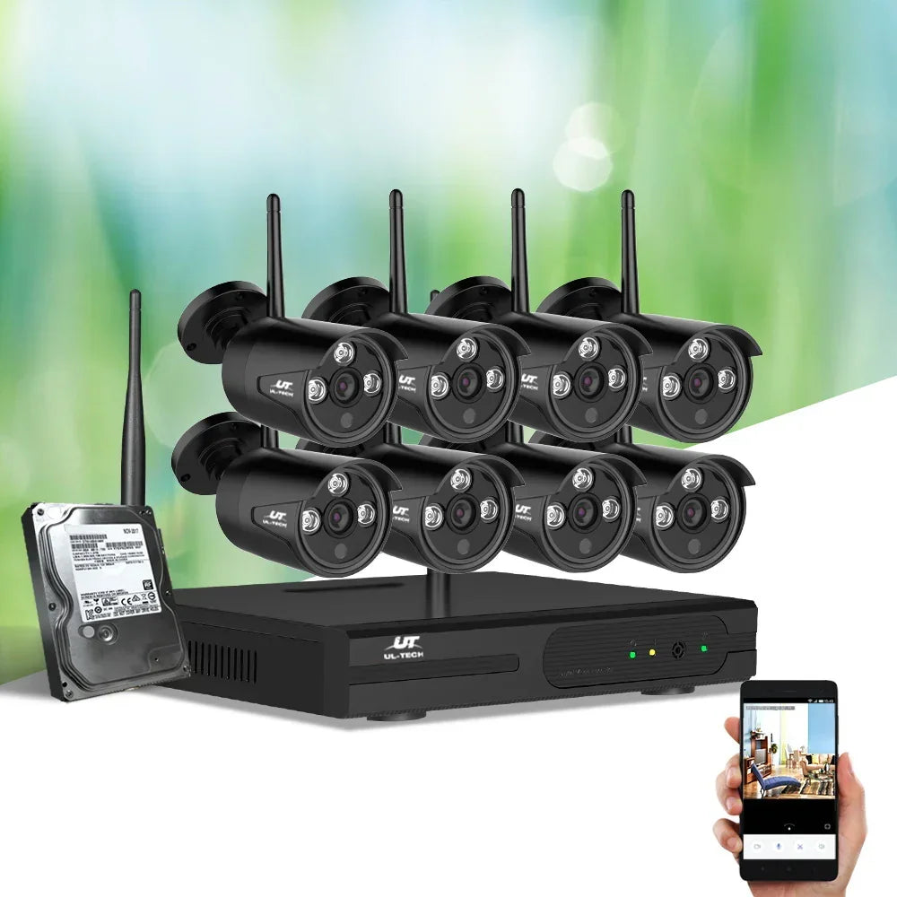 Wireless security camera system with eight cameras, DVR, hard drive, and smartphone monitoring
