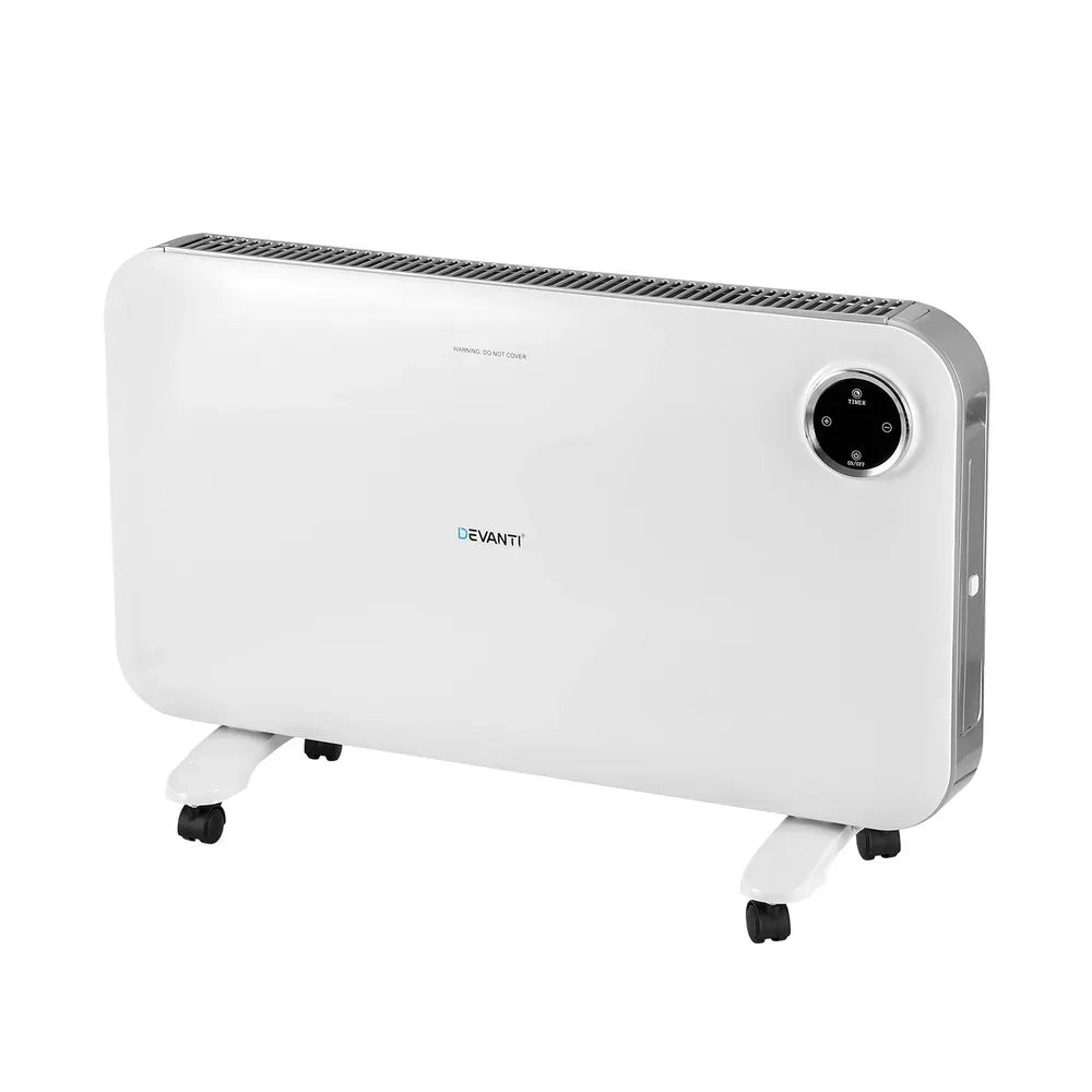 White electric panel heater with digital control and wheels for home heating
