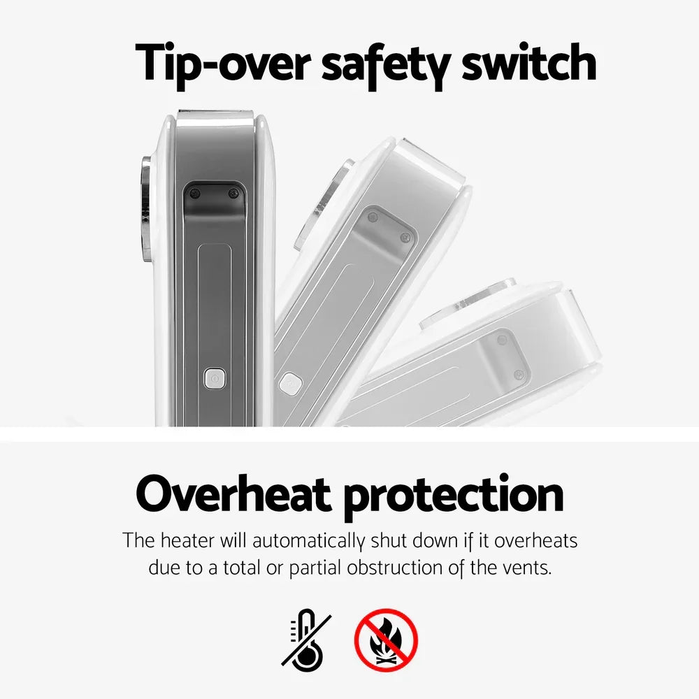 White electric heater with tip-over safety switch and overheat protection features shown.